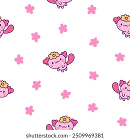 Cute kawaii axolotl. Seamless pattern. Cartoon funny animals characters. Hand drawn style. Vector drawing. Design ornaments.