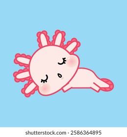 Cute Kawaii Axolotl Sleeping. Adorable Cartoon Amphibian Vector Illustration.