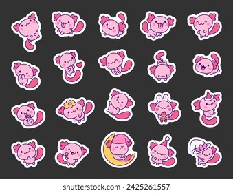 Cute kawaii axolotl. Sticker Bookmark. Cartoon funny animals characters. Hand drawn style. Vector drawing. Collection of design elements.