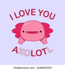 Cute kawaii axolotl in viva magenta colors. Postcard with axolotl for valentine's day. Cute and funny character.