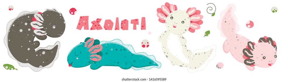 Cute Kawaii axolotls, baby amphibian drawing. Cute animal drawing, funny cartoon illustration. Flat style design. Ambystoma mexicanum