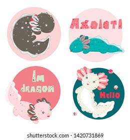 Cute Kawaii axolotls, baby amphibian drawing. Cute animal drawing, funny cartoon illustration. Flat style design. Ambystoma mexicanum