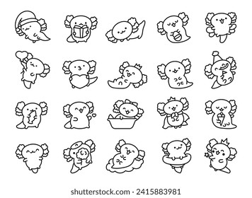 Cute kawaii baby axolotl. Coloring Page. Cartoon funny animals character. Hand drawn style. Vector drawing. Collection of design elements.