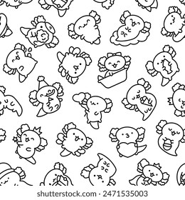 Cute kawaii baby axolotl. Seamless pattern. Coloring Page. Cartoon funny animals character. Hand drawn style. Vector drawing. Design ornaments.