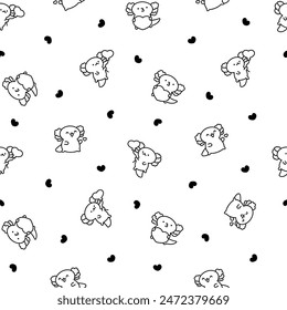 Cute kawaii baby axolotl. Seamless pattern. Coloring Page. Cartoon funny animals character. Hand drawn style. Vector drawing. Design ornaments.