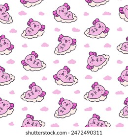 Cute kawaii baby axolotl. Seamless pattern. Cartoon funny animals character. Hand drawn style. Vector drawing. Design ornaments.