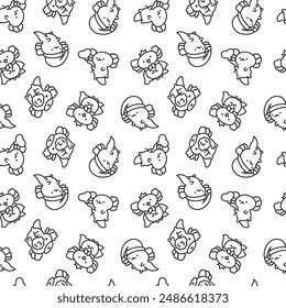 Cute kawaii baby axolotl. Seamless pattern. Coloring Page. Cartoon funny animals character. Hand drawn style. Vector drawing. Design ornaments.