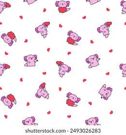 Cute kawaii baby axolotl. Seamless pattern. Cartoon funny animals character. Hand drawn style. Vector drawing. Design ornaments.