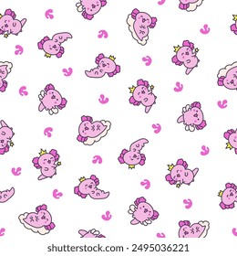 Cute kawaii baby axolotl. Seamless pattern. Cartoon funny animals character. Hand drawn style. Vector drawing. Design ornaments.