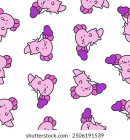 Cute kawaii baby axolotl. Seamless pattern. Cartoon funny animals character. Hand drawn style. Vector drawing. Design ornaments.