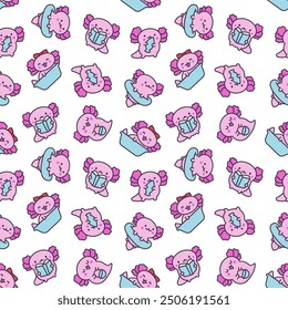 Cute kawaii baby axolotl. Seamless pattern. Cartoon funny animals character. Hand drawn style. Vector drawing. Design ornaments.