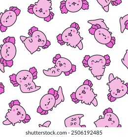 Cute kawaii baby axolotl. Seamless pattern. Cartoon funny animals character. Hand drawn style. Vector drawing. Design ornaments.