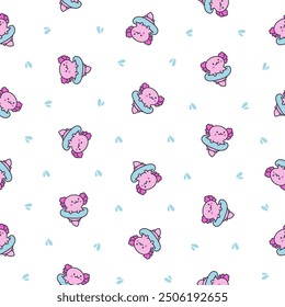 Cute kawaii baby axolotl. Seamless pattern. Cartoon funny animals character. Hand drawn style. Vector drawing. Design ornaments.