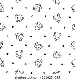 Cute kawaii baby axolotl. Seamless pattern. Coloring Page. Cartoon funny animals character. Hand drawn style. Vector drawing. Design ornaments.