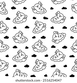 Cute kawaii baby axolotl. Seamless pattern. Coloring Page. Cartoon funny animals character. Hand drawn style. Vector drawing. Design ornaments.