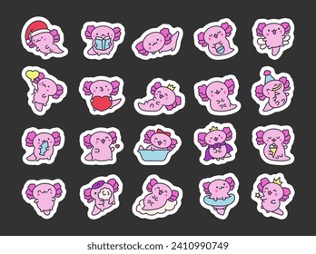 Cute kawaii baby axolotl. Sticker Bookmark. Cartoon funny animals character. Hand drawn style. Vector drawing. Collection of design elements.