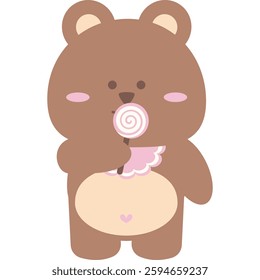 Cute Kawaii Baby Bear Eating Lollipop – Adorable Pastel Candy Illustration