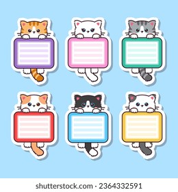 Cute kawaii baby cat animal sticker with blank label name tag cartoon doodle hand drawn style vector set collection. Cute cat sticker vector.