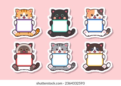 Cute kawaii baby cat animal sticker with blank label name tag cartoon doodle hand drawn style vector set collection. Cute cat sticker vector.