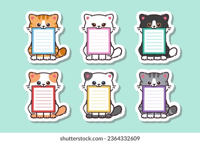 Cute kawaii baby cat animal sticker with blank label name tag cartoon doodle hand drawn style vector set collection. Cute cat sticker vector.