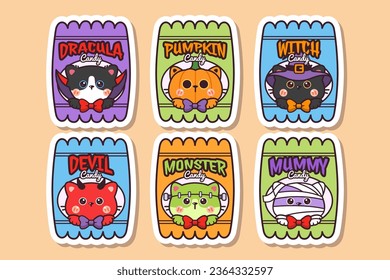 Cute kawaii baby cat halloween candy sticker cartoon doodle hand drawn style vector set collection. Cute cat halloween dracula, witch,monster, pumpkin, mummy, devil, jack o lantern sticker.