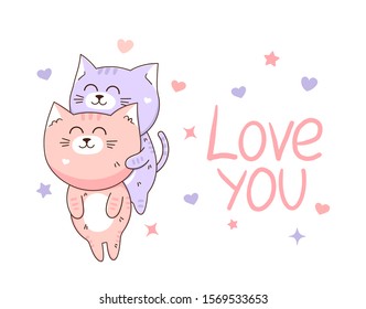Cute kawaii baby cat hugging kitty.  Funny cartoon pet on white background. Vector illustration with hand lettering phrase love you
