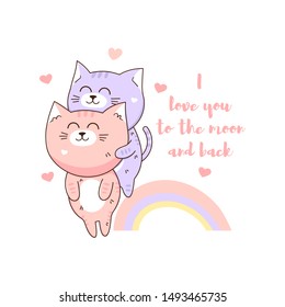 Cute kawaii baby cat ready for a hugging.  Funny cartoon pet on color background. Vector illustration with hand lettering phrase i love to the moo and back 