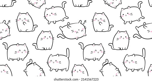 Cute Kawaii Baby Cats or kittens in funny poses - vector seamless pattern. White funny fat cats for print or sticker design.  Adorable kawaii animals on white background