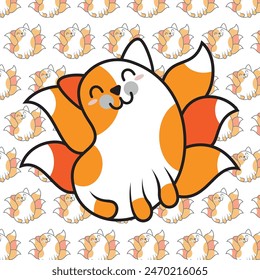 Cute Kawaii Baby Cats or Kittens in Funny Poses - Seamless Vector Pattern. White and funny fat cats for print or sticker design