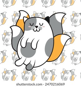Cute Kawaii Baby Cats or Kittens in Funny Poses - Seamless Vector Pattern. White and funny fat cats for print or sticker design