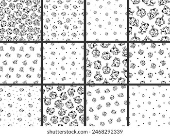 Cute kawaii baby cow. Seamless pattern. Coloring Page. Cartoon farm animal character in different poses. Hand drawn style. Vector drawing. Collection of design ornaments.
