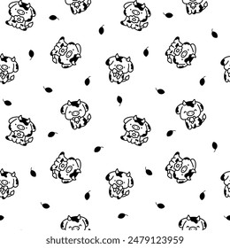 Cute kawaii baby cow. Seamless pattern. Coloring Page. Cartoon farm animal character in different poses. Hand drawn style. Vector drawing. Design ornaments.