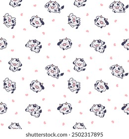Cute kawaii baby cow. Seamless pattern. Cartoon farm animal character in different poses. Hand drawn style. Vector drawing. Design ornaments.