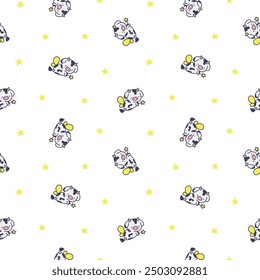 Cute kawaii baby cow. Seamless pattern. Cartoon farm animal character in different poses. Hand drawn style. Vector drawing. Design ornaments.