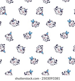 Cute kawaii baby cow. Seamless pattern. Cartoon farm animal character in different poses. Hand drawn style. Vector drawing. Design ornaments.