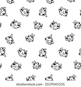 Cute kawaii baby cow. Seamless pattern. Coloring Page. Cartoon farm animal character in different poses. Hand drawn style. Vector drawing. Design ornaments.