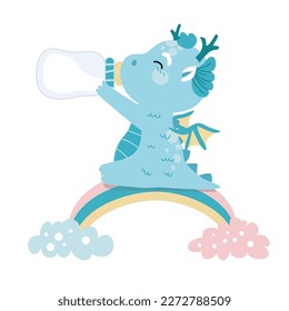 Cute and kawaii baby dragon drinking milk on white background for kids fashion artworks, children books, birthday invitations, greeting cards, posters. Fantasy cartoon vector illustration.