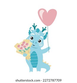 Cute and kawaii baby dragon holding a bouquet of flower on white background for kids fashion artworks, children books, birthday invitations, greeting cards, posters. Fantasy cartoon vector.