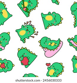 Cute kawaii baby dragon. Seamless pattern. Funny little dinosaur cartoon character. Hand drawn style. Vector drawing. Design ornaments.