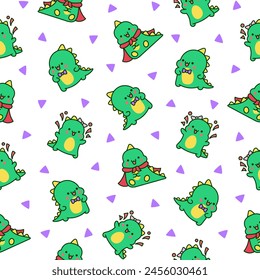 Cute kawaii baby dragon. Seamless pattern. Funny little dinosaur cartoon character. Hand drawn style. Vector drawing. Design ornaments.