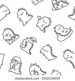 Cute kawaii baby dragon. Seamless pattern. Coloring Page. Funny little dinosaur cartoon character. Hand drawn style. Vector drawing. Design ornaments.