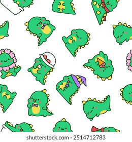 Cute kawaii baby dragon. Seamless pattern. Funny little dinosaur cartoon character. Hand drawn style. Vector drawing. Design ornaments.