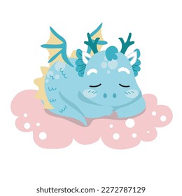 Cute and kawaii baby dragon sleeping on the cloud on white background for kids fashion artworks, children books, birthday invitations, greeting cards, posters. Fantasy cartoon vector.