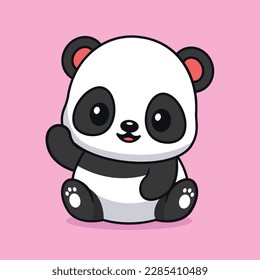 Cute kawaii baby panda sitting raising hand cartoon character vector icon illustration. Children illustration animal nature concept. Flat Cartoon Style