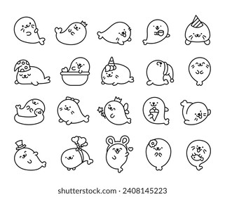 Cute kawaii baby seals. Coloring Page. Funny cartoon characters arctic and antarctic animals. Hand drawn style. Vector drawing. Collection of design elements.