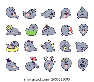 Cute kawaii baby seals. Funny cartoon characters arctic and antarctic animals. Hand drawn style. Vector drawing. Collection of design elements.