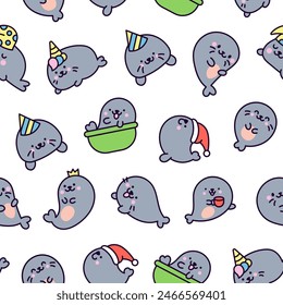 Cute kawaii baby seals. Seamless pattern. Funny cartoon characters arctic and antarctic animals. Hand drawn style. Vector drawing. Design ornaments.