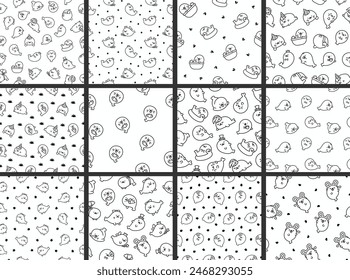 Cute kawaii baby seals. Seamless pattern. Coloring Page. Funny cartoon characters arctic and antarctic animals. Hand drawn style. Vector drawing. Collection of design ornaments.