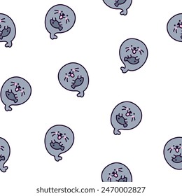 Cute kawaii baby seals. Seamless pattern. Funny cartoon characters arctic and antarctic animals. Hand drawn style. Vector drawing. Design ornaments.