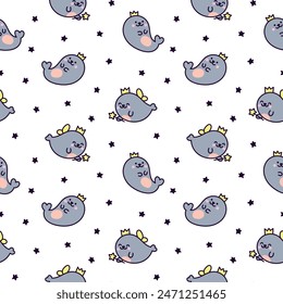 Cute kawaii baby seals. Seamless pattern. Funny cartoon characters arctic and antarctic animals. Hand drawn style. Vector drawing. Design ornaments.